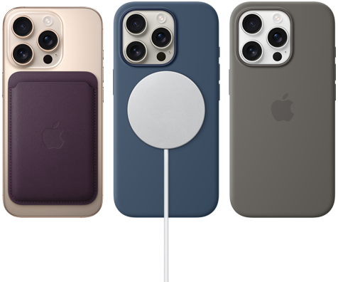 Tres dispositivos iPhone 16 Pro, parte posterior, con accesorios MagSafe acoplados: una cartera de FineWoven con MagSafe para el iPhone, un cargador MagSafe y una funda de silicón con MagSafe para el iPhone