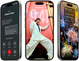 Tres modelos de iPhone 17 Pro, parte frontal, lado a lado, mostrando iOS 26, efecto de Liquid Glass y funcionalidad de Apple Intelligence