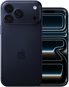 Lado a lado, iPhone 17 Pro Max, parte posterior, sistema de cámaras Pro, 3 lentes, micrófono, flash, acabado azul profundo, iPhone 17 Pro, parte frontal con diseño todo pantalla, acabado azul profundo