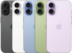 iPhone 17, parte posterior, sistema de dos cámaras Fusion, los cinco colores se superponen: negro, blanco, azul neblina, salvia y lavanda