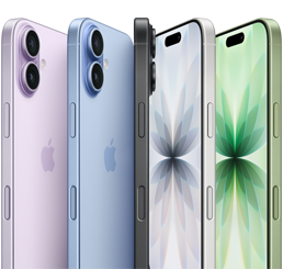 iPhone 17, parte frontal, parte posterior, parte lateral, cinco colores: lavanda, azul neblina, negro, blanco y salvia.