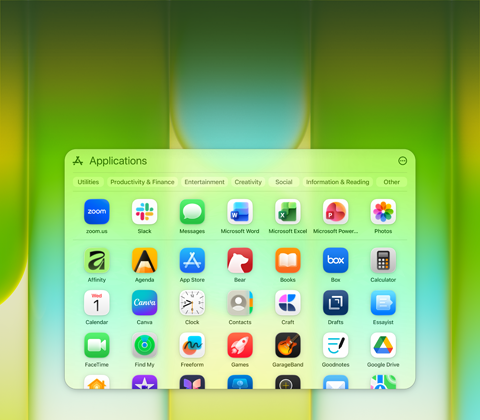 Pantalla de una MacBook Neo con la ventana Apps que contiene una gran variedad de apps