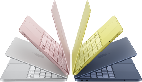 Laptops MacBook Neo en los colores plata, rosa rubor, amarillo cítrico e índigo, levemente abiertas y dispuestas en forma de arco