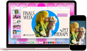 MacBook Neo, color rosa rubor, junto a un iPhone, la pantalla de la MacBook Neo muestra una presentación en pantalla sobre terapia con mascotas y exámenes de fin de año con la foto de una persona que sostiene un cuy, la pantalla del iPhone muestra la misma foto convertida en un sticker para usar en la presentación