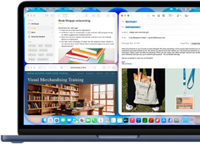 MacBook Neo, color índigo, la pantalla muestra un email de bienvenida para alguien que empezó a trabajar recién en una librería, unas ventanas en mosaico contienen un archivo de Notas sobre la incorporación y el sitio web del portal para empleados de la librería en Safari