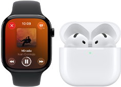 Apple Watch Series 11, caja de titanio color pizarra, correa deportiva negra, app Apple Music abierta, enlazado con unos AirPods 4