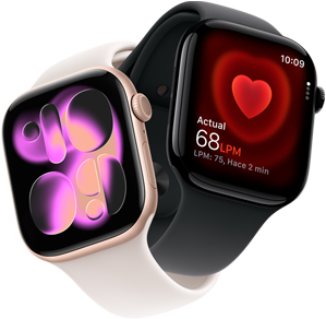 Apple Watch Series 11, caja de aluminio color oro rosa, carátula Responsive Art, parte lateral derecha: Digital Crown, micrófono, botón lateral, correa deportiva rosa rubor, Apple Watch Series 11, caja de aluminio negro azabache, app Frecuencia Cardiaca, medición actual de latidos por minuto, parte lateral derecha: Digital Crown, correa deportiva negra