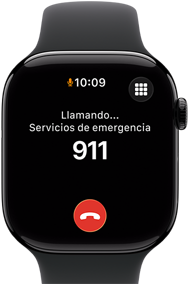 Apple Watch Series 11, caja de aluminio negro azabache, llamada de emergencia en la pantalla, parte lateral derecha: Digital Crown, correa deportiva negra