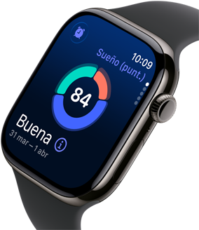 Primer plano de un Apple Watch Series 11 con caja de titanio color pizarra, Puntuación de Sueño en la pantalla