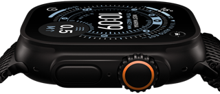Apple Watch Ultra 3, parte lateral, caja de titanio negro, brújula en la carátula Orientación, botón lateral y Digital Crown