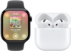 Apple Watch Series 11, caja de titanio color pizarra, correa deportiva negra, app Apple Music abierta, enlazado con unos AirPods 4